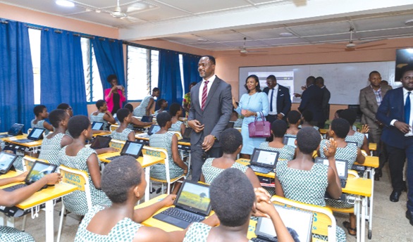 Tony Mwaba Kazadi (arrowed), DRC Minister of Primary, Secondary and Technical Education, leading his team to inspect an ICT class in progress at Accra Girls SHS Tony Mwaba Kazadi (arrowed), DRC Minister of Primary, Secondary and Technical Education, leading his team to inspect an ICT class in progress at Accra Girls SHS