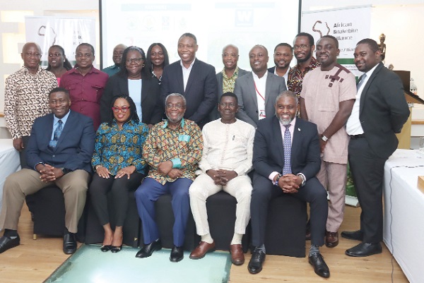 Dr Anthony Nsiah-Asare (seated middle), Presidential Advisor on Health, with Dr Hafiz Adam Taher (seated 2nd from right), Ag Director for Technical Coordination Directorate and Director External Health Cooperation, Ministry of Health; Dr Angela Ackon (seated 2nd from left), Technical Officer Quality and Safety, World Health Organisation; Dr John Amuasi (seated right), Leader, Global Health and Infectious Diseases Research Group, and some participants after the forum. Picture: ELVIS NII NOI DOWUONA