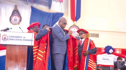 Prof. Stephen Jobson Mitchual being robed by Neenyi Ghartey (right), Chancellor, UEW, and Nana Ofori Ansah (left), Chairman of the Governing Council Prof. Stephen Jobson Mitchual being robed by Neenyi Ghartey (right), Chancellor, UEW, and Nana Ofori Ansah (left), Chairman of the Governing Council