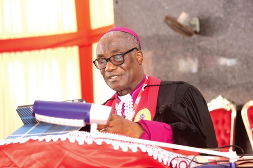 Rt. Rev. Samuel Ofori-Akyea (inset), Bishop of Tema Diocese of the Methodist Church, Ghana, addressing the opening ceremony of Synod  of the Tema Diocese of the Methodist Church. Picture: SAMUEL TEI ADANO