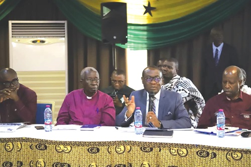 Rev. Dr Ernest Adu-Gyamfi (hand raised), Chairman, National Peace Council, speaking at a stakeholders dialogue in Kumasi. Those with him from right are Leonardo Santos Simao, Head of the United Nations Office for West Africa and the Sahel, Rt Rev. N.B. Abubekr, Ashanti Regional Peace Council Chairperson, and Ebenezer Asiedu, Head, Democracy and Good Governance Division, ECOWAS Commission. Picture: EMMANUEL BAAH Rev. Dr Ernest Adu-Gyamfi (hand raised), Chairman, National Peace Council, speaking at a stakeholders dialogue in Kumasi. Those with him from right are Leonardo Santos Simao, Head of the United Nations Office for West Africa and the Sahel, Rt Rev. N.B. Abubekr, Ashanti Regional Peace Council Chairperson, and Ebenezer Asiedu, Head, Democracy and Good Governance Division, ECOWAS Commission. Picture: EMMANUEL BAAH
