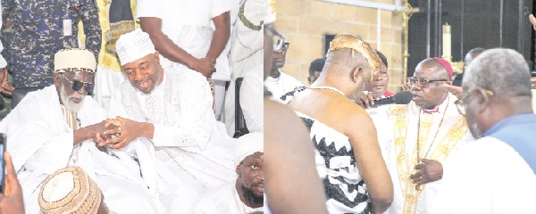 Sheikh Osman Nuhu Sharubutu (left), National Chief Imam, praying for King Nii Tackie Teiko Tsuru II (right), Ga Mantse and other right: Rt Rev. Dr Sylvanus Mensah Torto (right), Anglican Bishop of Accra, praying for King Nii Tackie Teiko Tsuru II (left), Ga Mantse. Pictures: CALEB VANDERPUYE Sheikh Osman Nuhu Sharubutu (left), National Chief Imam, praying for King Nii Tackie Teiko Tsuru II (right), Ga Mantse and other right: Rt Rev. Dr Sylvanus Mensah Torto (right), Anglican Bishop of Accra, praying for King Nii Tackie Teiko Tsuru II (left), Ga Mantse. Pictures: CALEB VANDERPUYE