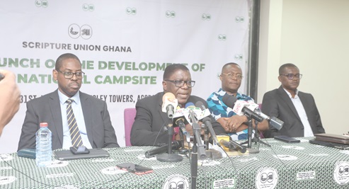 Most Rev. Dr Paul Kwabena Boafo (2nd from left), Presiding Bishop, Methodist Church Ghana, launching the media campaign for the campsite project. With him are Rev. Dr Daniel Ogbarmey Tetteh (left), National Finance and Fund Mobilisation Committee; Morgan Asiedu (2nd from right), Council Chairman, Scripture Union, and Rev. Derek Koomson (right), General Director, Scripture Union Most Rev. Dr Paul Kwabena Boafo (2nd from left), Presiding Bishop, Methodist Church Ghana, launching the media campaign for the campsite project. With him are Rev. Dr Daniel Ogbarmey Tetteh (left), National Finance and Fund Mobilisation Committee; Morgan Asiedu (2nd from right), Council Chairman, Scripture Union, and Rev. Derek Koomson (right), General Director, Scripture Union