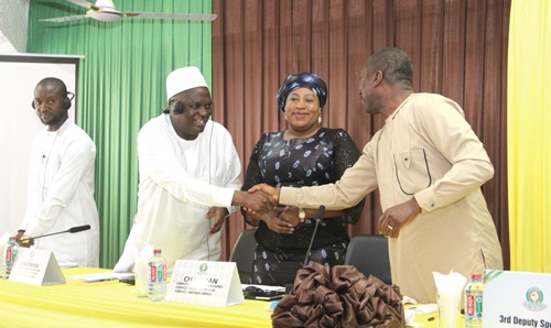 Alex Afenyo-Markin (right), 3rd Deputy Speaker of the ECOWAS Parliament, being congratulated by Mamadou Sako (2nd from left), Chairman of the Infrastructure Committee, and Fanta Conte (middle), the Chairperson of the Energy Committee, after the adoption of the draft report during the closing ceremony of the meeting. Picture: Nana Konadu Agyeman Alex Afenyo-Markin (right), 3rd Deputy Speaker of the ECOWAS Parliament, being congratulated by Mamadou Sako (2nd from left), Chairman of the Infrastructure Committee, and Fanta Conte (middle), the Chairperson of the Energy Committee, after the adoption of the draft report during the closing ceremony of the meeting. Picture: Nana Konadu Agyeman