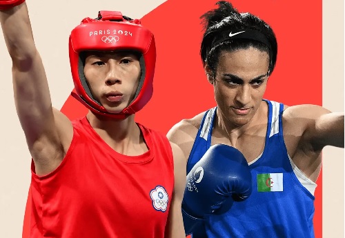  Imane Khelif of Algeria (right) and Taiwan’s Lin Yu-ting 