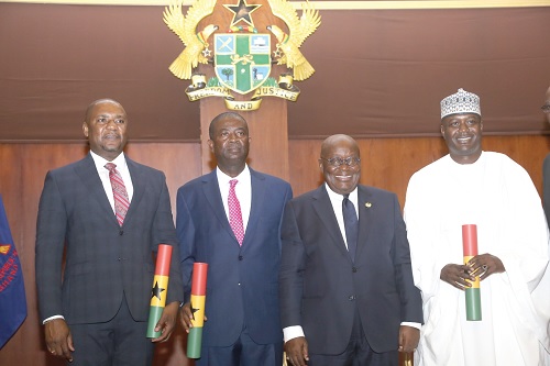 President Akufo-Addo (2nd from right), Alhaji Aliu Fawaz (right), Ambassador at Large; Peprah Ampratwum (left), Chief of Protocol and Ambassador In-situ, and Major-General Charles Kojo Abede Asomaning Awity (2nd from left), Ambassador to Serbia. Picture: SAMUEL TEI ADANO President Akufo-Addo (2nd from right), Alhaji Aliu Fawaz (right), Ambassador at Large; Peprah Ampratwum (left), Chief of Protocol and Ambassador In-situ, and Major-General Charles Kojo Abede Asomaning Awity (2nd from left), Ambassador to Serbia. Picture: SAMUEL TEI ADANO