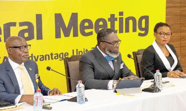 Charles Ofori-Acquah (left), Chairman of the Board, Charles Okyere (middle), Company Secretary, and Solace Fiadjoe (right), a trustee, at the Annual General Meeting Charles Ofori-Acquah (left), Chairman of the Board, Charles Okyere (middle), Company Secretary, and Solace Fiadjoe (right), a trustee, at the Annual General Meeting