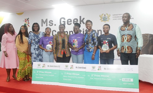 Ursula Owusu-Ekuful (middle), Minister of Communications and Digitalisation; Dakoa Newman (3rd from left), Minister of Gender, Children and Social Protection; Prof. Mercy Badu (3rd from right), Associate Professor, Chemistry Department, KNUST, with the awardees of the 2024 Ms Geek Ghana Competition, and some other dignitaries.  Picture: ESTHER ADJORKOR ADJEI 