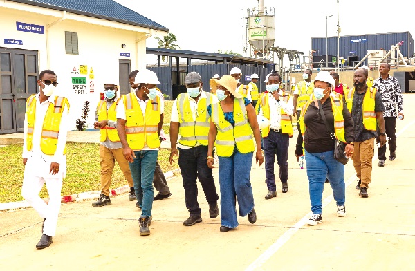 Seyram Alhassan (arrowed), Minister of Sanitation and Water Resources, and Kwabena Okyere Darko-Mensah (left), being conducted round the facility by Fred Ayim Ofosu (2nd from left), Plant Manager, Sewerage System Ghana Limited. Seyram Alhassan (arrowed), Minister of Sanitation and Water Resources, and Kwabena Okyere Darko-Mensah (left), being conducted round the facility by Fred Ayim Ofosu (2nd from left), Plant Manager, Sewerage System Ghana Limited.