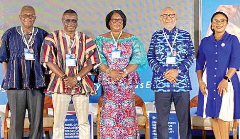 Charles Aheto-Tsegah (left), a former acting Director- General of the Ghana Education Service; Prof. Enoch Opoku Antwi (2nd from left), Dean, Academic City University College; Philippa Larsen (2nd from right), former President, Ghana National Association of Teachers, and Anis Haffer, Chairman of the National Teaching Council, during the Panel of Experts Discussion on Education Accountability Framework Charles Aheto-Tsegah (left), a former acting Director- General of the Ghana Education Service; Prof. Enoch Opoku Antwi (2nd from left), Dean, Academic City University College; Philippa Larsen (2nd from right), former President, Ghana National Association of Teachers, and Anis Haffer, Chairman of the National Teaching Council, during the Panel of Experts Discussion on Education Accountability Framework