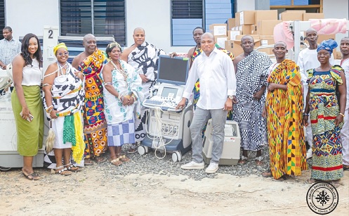 Samuel Okudzeto Ablakwa (4th from right), MP of North Tongu, presenting one of the equipment to Korsi Nego VI (5th from left), the Mankraloo, while the other members of the Traditional Council look on Samuel Okudzeto Ablakwa (4th from right), MP of North Tongu, presenting one of the equipment to Korsi Nego VI (5th from left), the Mankraloo, while the other members of the Traditional Council look on