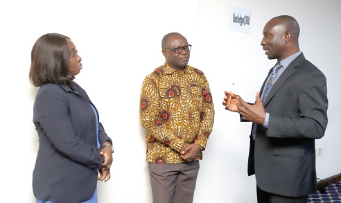 Peter Yaro (middle), Executive Director, BasicNeeds Ghana; Dr Susan Seffah (left), Psychiatrist, Mental Health Authority, and Samuel Hackman (right), Executive Secretary, Country Coordinating Mechanism Ghana, in a discussion during the meeting. Picture: EDNA SALVO-KOTEY Peter Yaro (middle), Executive Director, BasicNeeds Ghana; Dr Susan Seffah (left), Psychiatrist, Mental Health Authority, and Samuel Hackman (right), Executive Secretary, Country Coordinating Mechanism Ghana, in a discussion during the meeting. Picture: EDNA SALVO-KOTEY