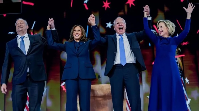Harris was joined by husband Doug Emhoff (left), plus running mate Tim Walz (second right) and his wife Gwen Walz Harris was joined by husband Doug Emhoff (left), plus running mate Tim Walz (second right) and his wife Gwen Walz