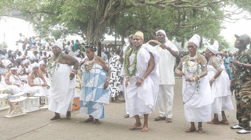 Nii Adjei Koofeh IV, La Shikitele, doing the traditional dance with some priestesses during the La Kpatso Shishi. Pictures-BENEDICT OBUOBI