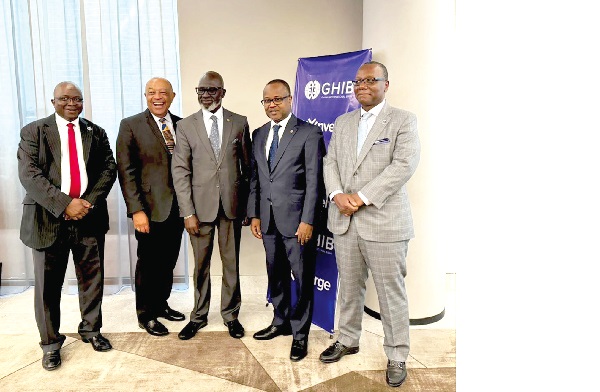 Dr. Maxwell Opoku-Afari (2nd right), First Deputy Governor, BoG, Rt Hon. Paul Boateng (2nd left), Board Member GHIB, Dean Adansi (right), CEO, GHIB and Raymond Bakary Sambou, Deputy CEO GHIB pose for a picture at the just ended CNVERGE Conference in London GHIB upscales African correspondent banks to boost trade finance