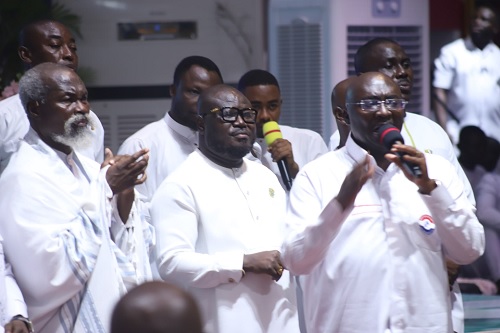 Dr Bawumia (with mic), speaking at the Believers Worship Center (BWC) at Kenyase,  Ashanti Region. With him is Stephen Adom Kyei Duah (left), General Overseer, BWC.  Picture: EMMANUEL BAAH