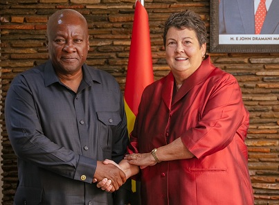 John Mahama, President-elect, in a handshake with Virginia E. Palmer, US Ambassador to Ghana, after the meeting John Mahama, President-elect, in a handshake with Virginia E. Palmer, US Ambassador to Ghana, after the meeting