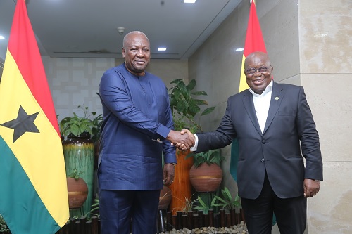 President Akufo-Addo welcoming John Dramani Mahama (left), President-elect, to a meeting at the Jubilee House to begin the transition process. Picture: SAMUEL TEI ADANO President Akufo-Addo welcoming John Dramani Mahama (left), President-elect, to a meeting at the Jubilee House to begin the transition process. Picture: SAMUEL TEI ADANO