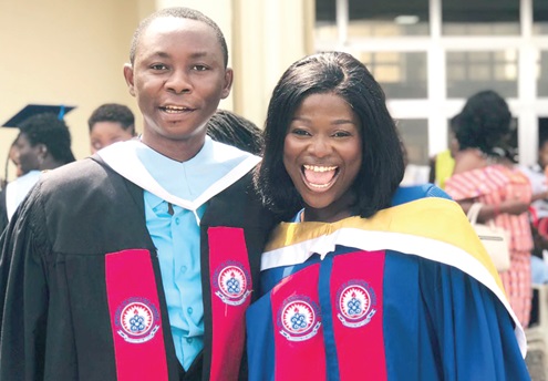 Joselyn Kafui Nyadzi (right), a national service person, Daily Graphic, who received First Class Honours, being congratulated by a lecturer of UEW Joselyn Kafui Nyadzi (right), a national service person, Daily Graphic, who received First Class Honours, being congratulated by a lecturer of UEW