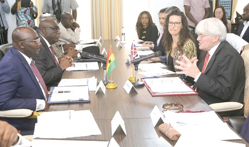 Andrew Mitchell (right), Minister of State for Development and Africa, explaining a point to Dr Mahamudu Bawumia (1st left), at the Jubilee House during the bilateral talks. Picture: SAMUEL TEI ADANO Andrew Mitchell (right), Minister of State for Development and Africa, explaining a point to Dr Mahamudu Bawumia (1st left), at the Jubilee House during the bilateral talks. Picture: SAMUEL TEI ADANO