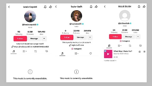The likes of Lewis Capaldi and Taylor Swift have no music available, while Billie Eilish only has one track available, which is not a Universal song TikTok