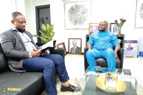 Nana Akwasi Awuah (right), Managing Director of PMMC, in a discussion with Suleiman Mustapha, Special Correspondent of the Daily Graphic Nana Akwasi Awuah (right), Managing Director of PMMC, in a discussion with Suleiman Mustapha, Special Correspondent of the Daily Graphic