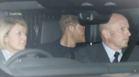 The Duke of Sussex arriving at Clarence House in London Prince Harry