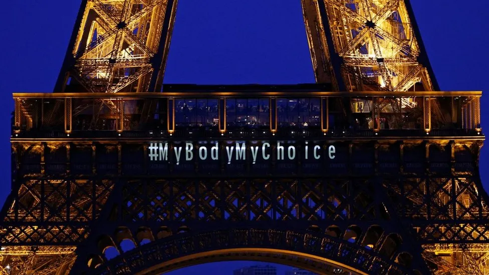 The Eiffel Tower lit up with the message "My body My choice" after the vote The Eiffel Tower lit up with the message "My body My choice" after the vote