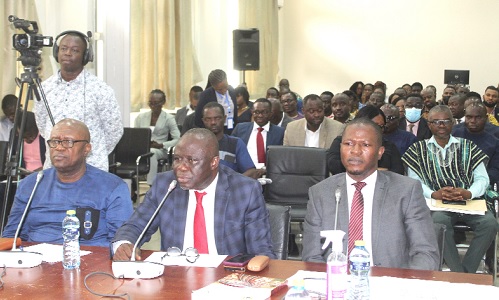 Yaw Frempong Addo (middle), Deputy Minister in charge of Crops, answering questions at the PAC sitting. With him are Abdul Taniru Rashid (right), Financial Controller, MoFA, and Paul Seamen (left), acting Chief Director. Picture : ESTHER ADJORKOR ADJEI Yaw Frempong Addo (middle), Deputy Minister in charge of Crops, answering questions at the PAC sitting. With him are Abdul Taniru Rashid (right), Financial Controller, MoFA, and Paul Seamen (left), acting Chief Director. Picture : ESTHER ADJORKOR ADJEI