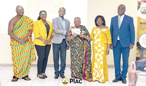 Prof. Nana S.K.B. Asante (3rd from right), Paramount Chief, Asante Asokore, assisted by Dr Steve Manteaw (3rd from left), Co-Chair, GHEITI; Kathleen Addy (2nd from left), Chairperson, NCCE; Emerita Professor Elizabeth Ardayfio-Schandorf (2nd from right), Chair, PIAC, and others to launch the report Prof. Nana S.K.B. Asante (3rd from right), Paramount Chief, Asante Asokore, assisted by Dr Steve Manteaw (3rd from left), Co-Chair, GHEITI; Kathleen Addy (2nd from left), Chairperson, NCCE; Emerita Professor Elizabeth Ardayfio-Schandorf (2nd from right), Chair, PIAC, and others to launch the report