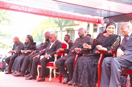President Akufo-Addo (4th from left), Vice-President Mahamudu Bawumia (3rd from right) and his wife Samira (2nd from right); former President John Agyekum Kufuor (3rd from left), Akosua Frema Osei-Opare (2nd from left), Chief of Staff; Sam Okudzeto (right), a member of the Council of State, and Stephen Ntim (left), National Chairman of the New Patriotic Party