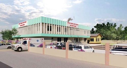 Dr Alvaro Bermejo (4th from left, front row) with his team and officials of the PPAG after inspecting the facility. Inset: The architectural design of the health facility Dr Alvaro Bermejo (4th from left, front row) with his team and officials of the PPAG after inspecting the facility. Inset: The architectural design of the health facility