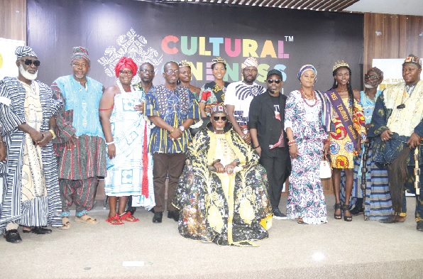 Jira Buipewura Abdulai Jinapor II (seated), Paramount Chief of Buipe Traditional Area, with Tangol Kplemani (5th from right), Founder, The Taste of Africa; Nana Otuo Owoahene Acheampong (4th from left), Executive Director, National Commission on Culture; Sika Gumenu (3rd from right), Miss Tourism, and other dignitaries after the Cultural Oneness Festival launch in Accra. Picture: ELVIS NII NOI DOWUONA