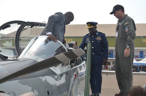 Dominic Nitiwul, Minister of Defence, disembarking from one of the A-29 Super Tucano Aircraft after a static and flight demonstration at the Airforce base in Accra Dominic Nitiwul, Minister of Defence, disembarking from one of the A-29 Super Tucano Aircraft after a static and flight demonstration at the Airforce base in Accra
