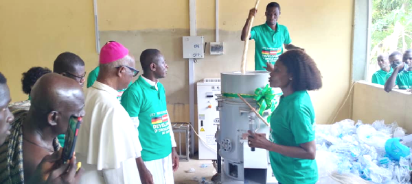 Vivian Ahiayibor (right), Managing Director of City Waste Recycling Limited, explaining the processes to Archbishop Emeritus of Cape Coast, most Rev. Mathias Kobena Nketsiah. With them is Rev. Fr Amoah Gyasi and other dignitaries after the inauguration of the plant Vivian Ahiayibor (right), Managing Director of City Waste Recycling Limited, explaining the processes to Archbishop Emeritus of Cape Coast, most Rev. Mathias Kobena Nketsiah. With them is Rev. Fr Amoah Gyasi and other dignitaries after the inauguration of the plant