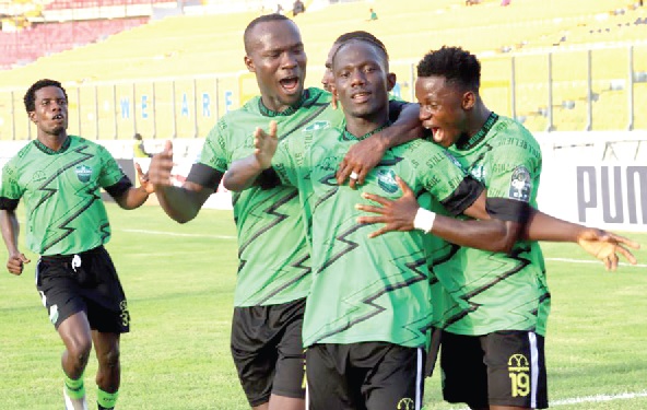 Lone-goal hero, Godfred Kingsley Atuahene, being mobbed by his teammates after scoring the match winner. Pictures: EMMANUEL BAAH Lone-goal hero, Godfred Kingsley Atuahene, being mobbed by his teammates after scoring the match winner. Pictures: EMMANUEL BAAH