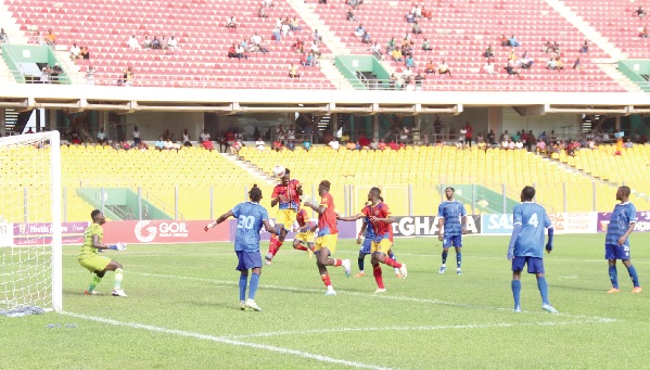 Hamza Issah outjumps his RTU markers to head home his second goal. Picture: ELVIS NII NOI DOWUONA Hamza Issah outjumps his RTU markers to head home his second goal. Picture: ELVIS NII NOI DOWUONA