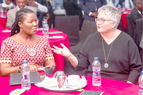 Sena Dake (left), Chairperson of ICAG Council, and Helen Brand (right), ACCA Chief Executive, in a discussion at the event in Accra. Picture: CALEB VANDERPUYE 