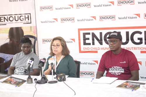 Laura Christina Delvalle (middle), National Director of World Vision Ghana, addressing the press at the ENOUGH pre-campaign launch while Gregory Dery (right), the Child Protection and Advocacy Manager, and Awurabena Dadzie, the Health and Nutrition Technical Programme Manager at World Vision Ghana, look on Laura Christina Delvalle (middle), National Director of World Vision Ghana, addressing the press at the ENOUGH pre-campaign launch while Gregory Dery (right), the Child Protection and Advocacy Manager, and Awurabena Dadzie, the Health and Nutrition Technical Programme Manager at World Vision Ghana, look on