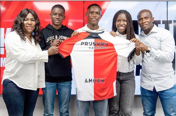 Former Ghana international Matthew Amoah (right) and his family celebrating Matthew Jnr’s first professional contract with Feyenoord Rotterdan