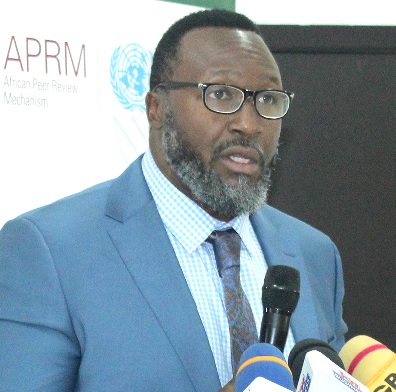 Dr McBride Nkhalamba, Director of Governance and Specialised Reporting, APRM Continental Secretariat, briefing journalists in Accra. Picture: ERNEST KODZI Dr McBride Nkhalamba, Director of Governance and Specialised Reporting, APRM Continental Secretariat, briefing journalists in Accra. Picture: ERNEST KODZI