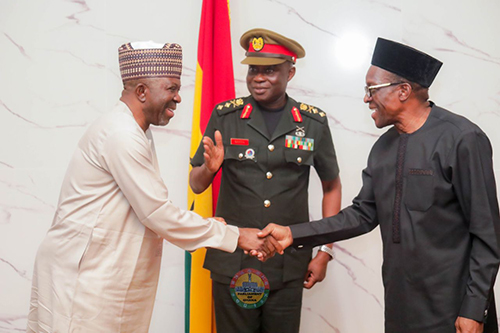 Major General Emmanuel Kotia (middle), Commissioner-General of the Ghana Boundary Commission, introducing Adamu Adaji (left), Director-General, Nigeria Boundary Commission, to Alban Bagbin, Speaker of Parliament Major General Emmanuel Kotia (middle), Commissioner-General of the Ghana Boundary Commission, introducing Adamu Adaji (left), Director-General, Nigeria Boundary Commission, to Alban Bagbin, Speaker of Parliament