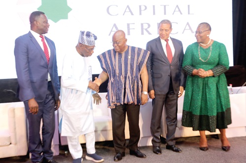 President Akufo-Addo (in smock) shaking hands with Olusegun Obasanjo (2nd from left), former Nigerian President at the event. With them are Jakaya Mrisho Kikwete (2nd from right), former President of Tanzania and Chairman of the Global Partnership for Education, and Dr Obiageli Ezekwesili (right), Chief Executive Officer, Human Capital Africa. Picture: SAMUEL TEI ADANO President Akufo-Addo (in smock) shaking hands with Olusegun Obasanjo (2nd from left), former Nigerian President at the event. With them are Jakaya Mrisho Kikwete (2nd from right), former President of Tanzania and Chairman of the Global Partnership for Education, and Dr Obiageli Ezekwesili (right), Chief Executive Officer, Human Capital Africa. Picture: SAMUEL TEI ADANO