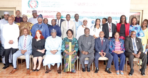 Dr Omar Alieu Touray (Seated 4th from right), President, ECOWAS Commission; Gilberto Da Piedade Verissimo (3rd from right), President, ECCAS Commission; Dr Workneh Gebeyehu (right), Executive Secretary of IGAD; Chileshe Kapwepwe (4th from left), Secretary-General, COMESA; Tarak Ben Salem (2nd from left), Secretary General, AMU, and some participants in the meeting in Accra. Picture: ELVIS NII NOI DOWUONA Dr Omar Alieu Touray (Seated 4th from right), President, ECOWAS Commission; Gilberto Da Piedade Verissimo (3rd from right), President, ECCAS Commission; Dr Workneh Gebeyehu (right), Executive Secretary of IGAD; Chileshe Kapwepwe (4th from left), Secretary-General, COMESA; Tarak Ben Salem (2nd from left), Secretary General, AMU, and some participants in the meeting in Accra. Picture: ELVIS NII NOI DOWUONA
