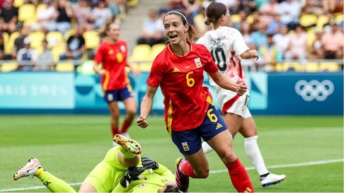 Spain's midfielder Aitana Bonmati celebrates after scoring her team's first goal in the women's group C football match between Spain and Japan during the Paris 2024 Olympic Games at La Beaujoire Stadium in Nantes on July 25, 2024. Spain's midfielder Aitana Bonmati celebrates after scoring her team's first goal in the women's group C football match between Spain and Japan during the Paris 2024 Olympic Games at La Beaujoire Stadium in Nantes on July 25, 2024.