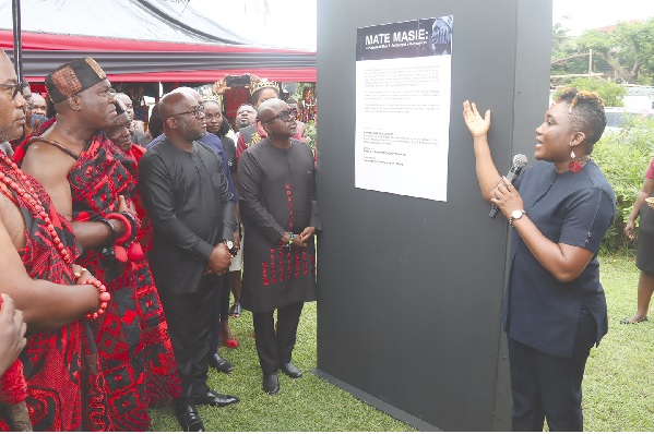 Emma Ofosua (right), Coordinator, Efua Sutherland Centenary Committee, explaining a point to Andrew Egyapa Mercer (3rd from right), Minister of Tourism, Arts and Culture. Standing beside him is Odeneho Kwafo Akoto III (4th from right), Paramount Chief, Akwamu Traditional Area, and some dignitaries during the ceremony. Picture: ELVIS NII NOI DOWUONA Emma Ofosua (right), Coordinator, Efua Sutherland Centenary Committee, explaining a point to Andrew Egyapa Mercer (3rd from right), Minister of Tourism, Arts and Culture. Standing beside him is Odeneho Kwafo Akoto III (4th from right), Paramount Chief, Akwamu Traditional Area, and some dignitaries during the ceremony. Picture: ELVIS NII NOI DOWUONA