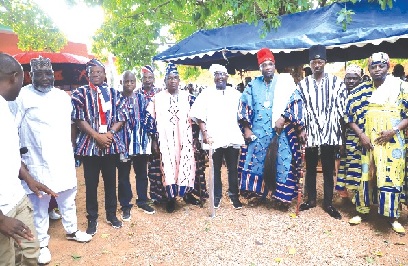 Dr Mahamudu Bawumia (arrowed) with the chiefs and some NPP party members. INSET: The pickup Dr Mahamudu Bawumia (arrowed) with the chiefs and some NPP party members. INSET: The pickup