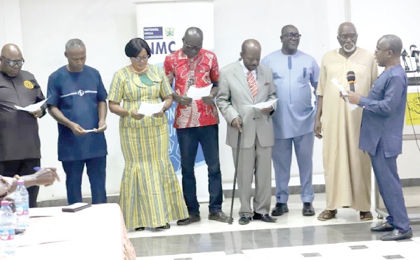 Yaw Boadu-Ayeboafoh (right), Chairman, National Media Commission, swearing in the six-member Ashanti Regional Media Advisory Committee in Kumasi. Pictures: EMMANUEL BAAH Yaw Boadu-Ayeboafoh (right), Chairman, National Media Commission, swearing in the six-member Ashanti Regional Media Advisory Committee in Kumasi. Pictures: EMMANUEL BAAH