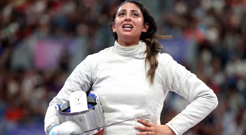 Egypt’s Nada Hafez celebrates her victory against US fencer Elizabeth Tartakovsky in the round of 32 at Paris’s Grand Palais. Photograph: Carl Recine/Getty Images Egypt’s Nada Hafez celebrates her victory against US fencer Elizabeth Tartakovsky in the round of 32 at Paris’s Grand Palais. Photograph: Carl Recine/Getty Images