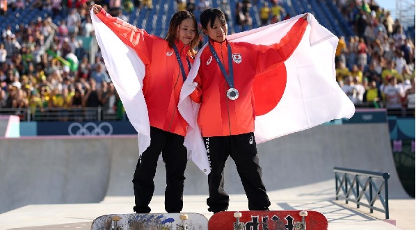 Japan's Coco Yoshizawa, 14, and Liz Akama, 16, on the podium after winning gold and silver in the women's street final at the Paris Olympics. Japan's Coco Yoshizawa, 14, and Liz Akama, 16, on the podium after winning gold and silver in the women's street final at the Paris Olympics.